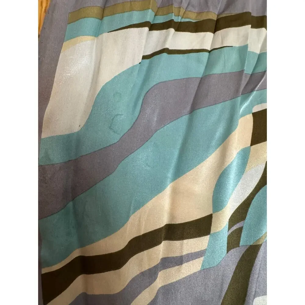 Vintage Made In Italy 100% Silk Abstract Wave Print Scarf Blue Green